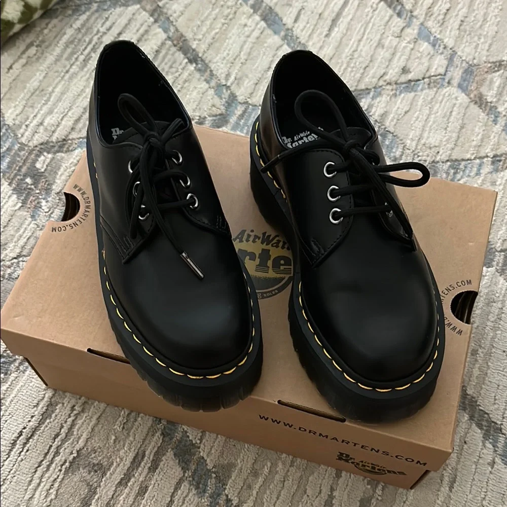 Dr. Martens • 1461 quad black polished smooth leather platform shoes